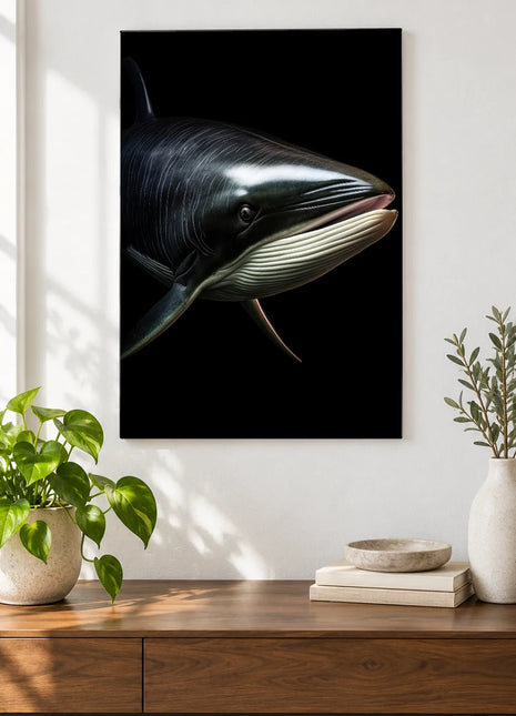 The Deep Thinker (Whale), shown as frameless acrylic artwork above a walnut console against a white wall.