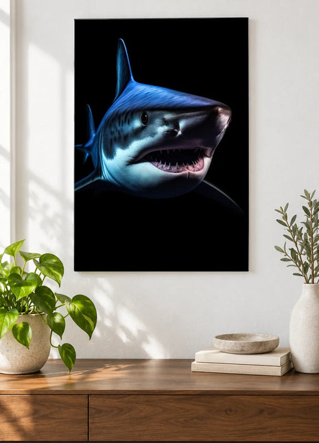 Jaw-Dropping Company (Shark), shown as frameless acrylic artwork above a walnut console against a white wall.