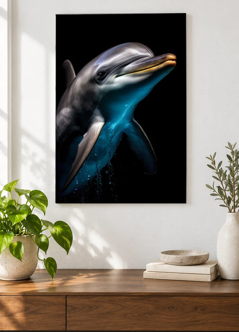 The Upward Grin (Dolphin), shown as frameless acrylic artwork above a walnut console against a white wall.