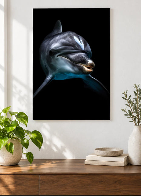 Dolphin Drop-In (Dolphin), shown as frameless acrylic artwork above a walnut console against a white wall.
