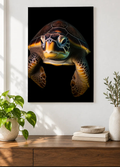 Shell-o There (Sea Turtle), shown as frameless acrylic artwork above a walnut console against a white wall.