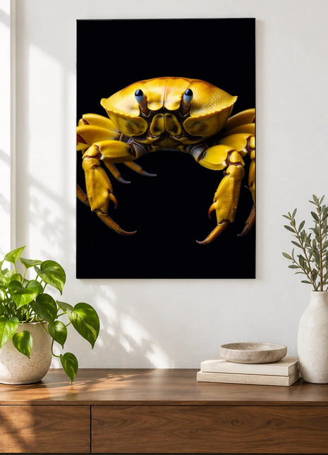 Pinch of Sunshine (Crab), shown as frameless acrylic artwork above a walnut console against a white wall.