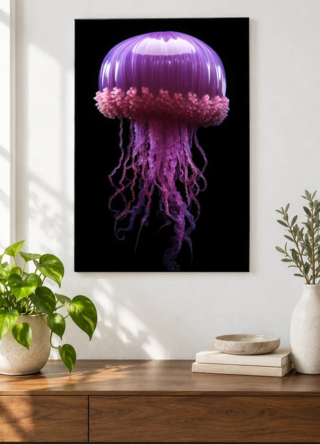 The Frill Seeker (Jellyfish), shown as frameless acrylic artwork above a walnut console against a white wall.
