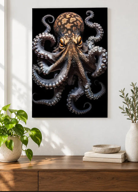 Eight Arms in Motion (Octopus), shown as frameless acrylic artwork above a walnut console against a white wall.