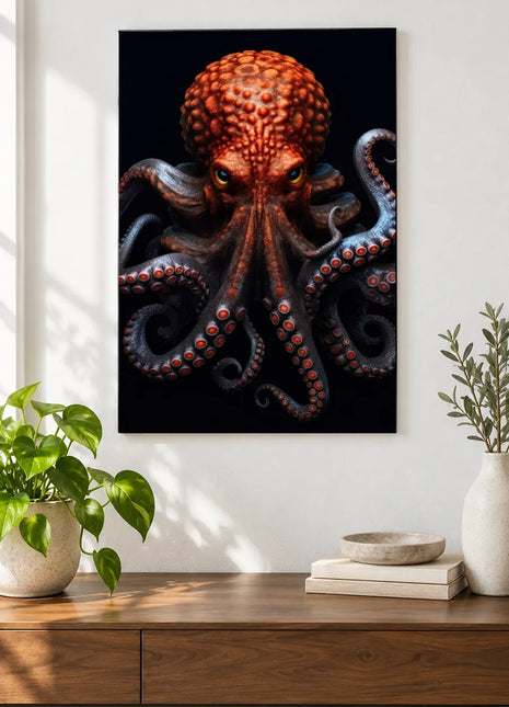 Eight-Armed Entrance (Octopus), shown as frameless acrylic artwork above a walnut console against a white wall.
