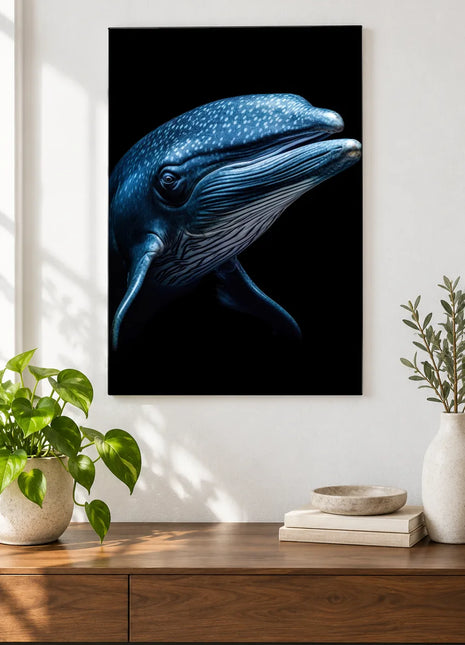 Starry Sea Giant (Whale), shown as frameless acrylic artwork above a walnut console against a white wall.