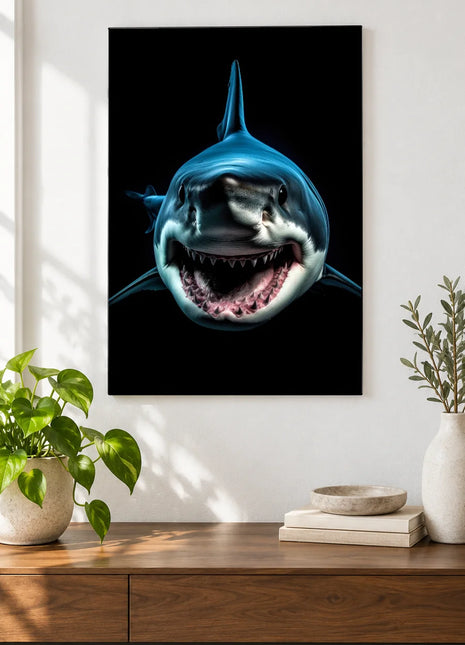 Open Wide, Ocean (Shark), shown as frameless acrylic artwork above a walnut console against a white wall.