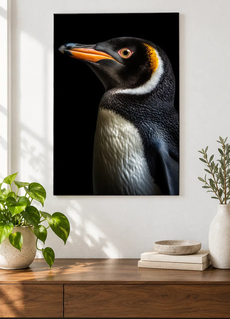 Beak Performance (Penguin), shown as frameless acrylic artwork above a walnut console against a white wall.