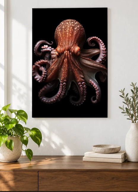 The Eight-Way Waltz (Octopus), shown as frameless acrylic artwork above a walnut console against a white wall.