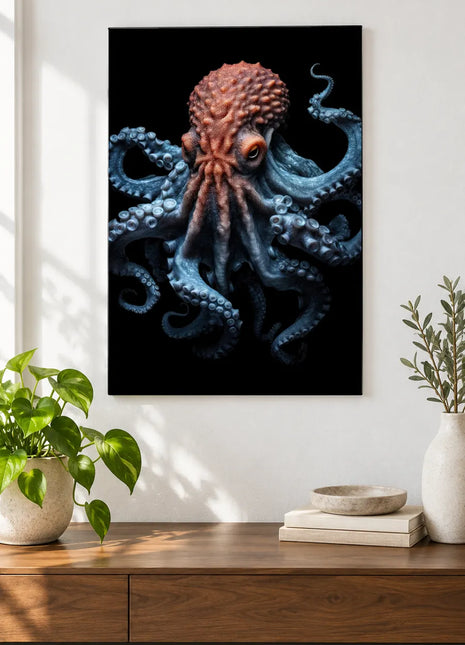 Coral and Curlicues (Octopus), shown as frameless acrylic artwork above a walnut console against a white wall.