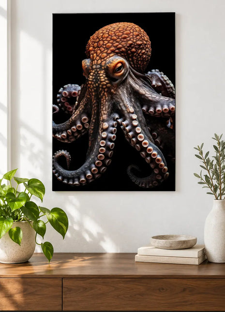 All Arms and Charm (Octopus), shown as frameless acrylic artwork above a walnut console against a white wall.