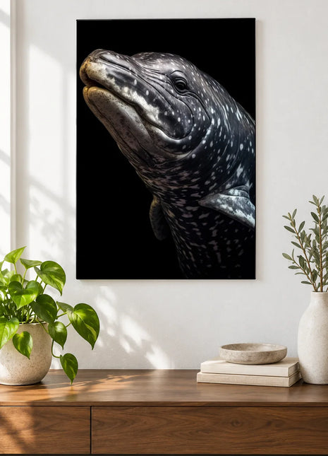 Seal of Curiosity (Seal), shown as frameless acrylic artwork above a walnut console against a white wall.