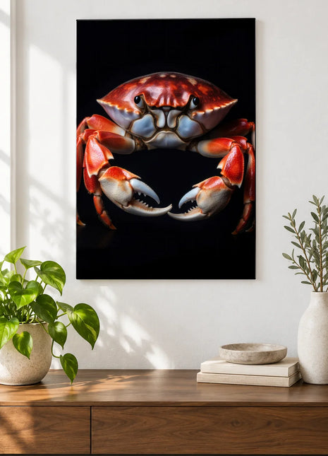 Pinch Me (Crab), shown as frameless acrylic artwork above a walnut console against a white wall.
