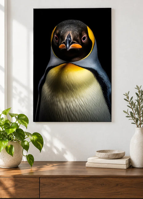 Best Bib Forward (Penguin), shown as frameless acrylic artwork above a walnut console against a white wall.