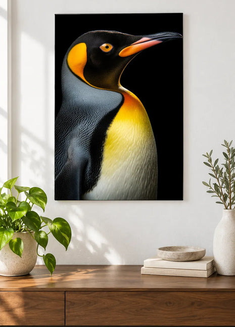 Best-Dressed Beak (Penguin), shown as frameless acrylic artwork above a walnut console against a white wall.