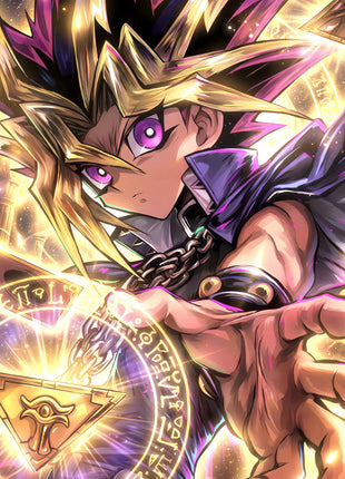 Yami Yugi reaching forward amid golden light, geometric patterns and a glowing pyramid pendant, with violet eyes and magenta hair accents.