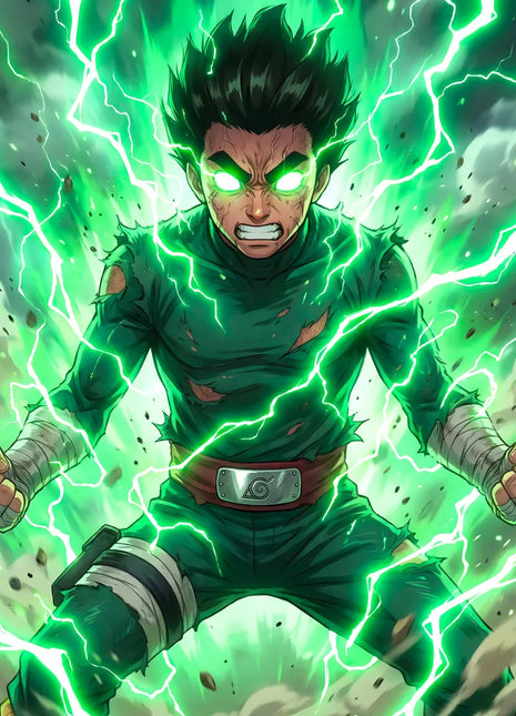 Green-clad Naruto shinobi with clenched fists, wrapped forearms and a Leaf symbol at the waist amid green lightning and flying debris.
