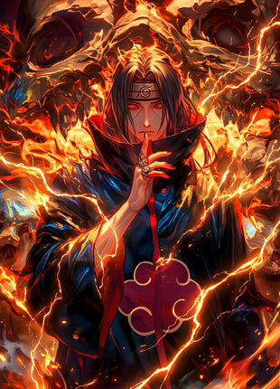 Itachi Uchiha making a hand sign in a black Akatsuki cloak, surrounded by orange flames, lightning-like streaks and skull-like forms.