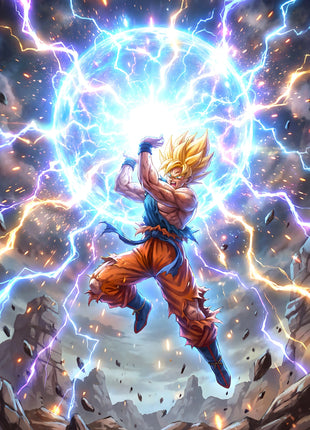 Super Saiyan Goku in orange trousers leaping beneath a huge blue-white energy sphere, surrounded by lightning and shattered rocks.