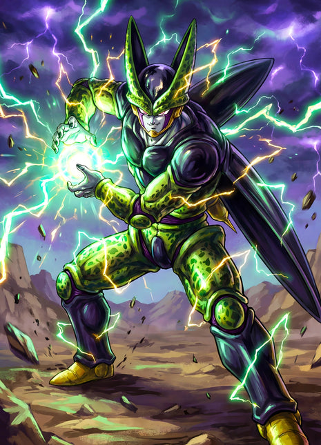 Cell holding a glowing green-white energy sphere in a rocky landscape, with green armor, dark back plates and violet storm clouds.