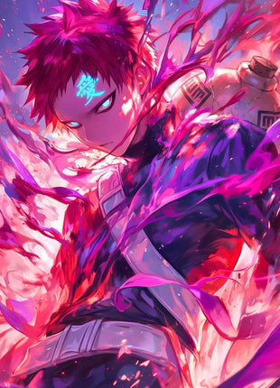 Gaara with cyan eyes and a gourd behind his shoulder, surrounded by sweeping magenta, crimson and violet color effects.