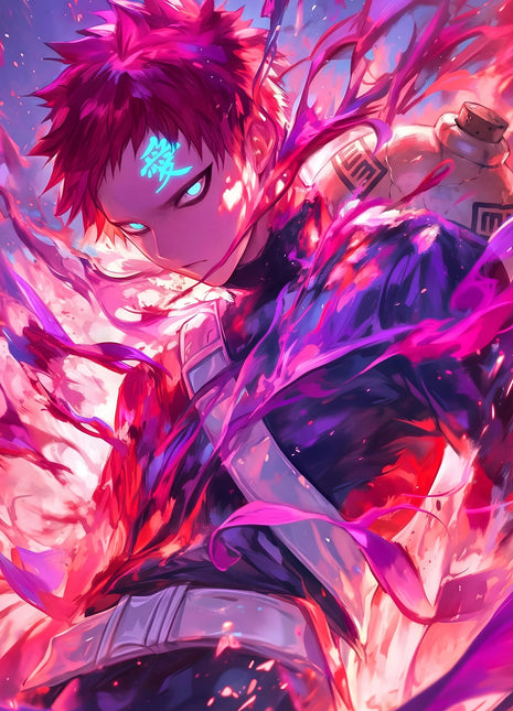 Gaara with cyan eyes and a gourd behind his shoulder, surrounded by sweeping magenta, crimson and violet color effects.