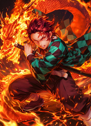 Tanjiro Kamado crouching with a sword in a green-and-black checkered haori as an orange fire dragon coils around him.