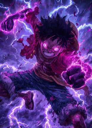 Monkey D. Luffy lunging forward with a clenched fist, torn red jacket and straw hat amid violet lightning and magenta light.