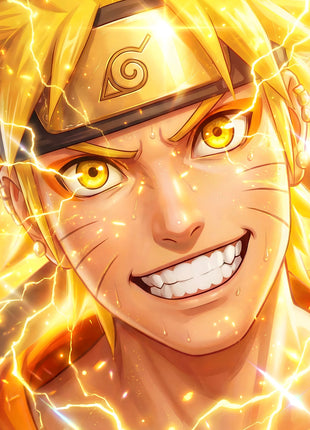 Close-up of Naruto Uzumaki grinning beneath a Leaf forehead protector, with golden eyes, blond hair and yellow lightning.
