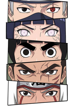 Five angled Naruto character eye strips on white, with a masked silver-haired face, pale eyes, thick brows and red facial markings.