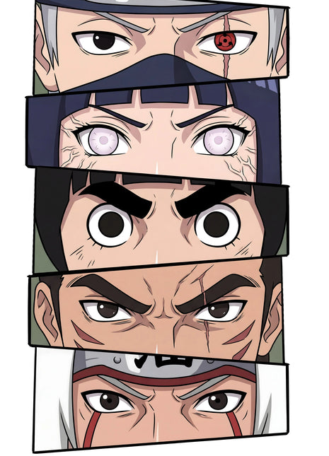 Five angled Naruto character eye strips on white, with a masked silver-haired face, pale eyes, thick brows and red facial markings.