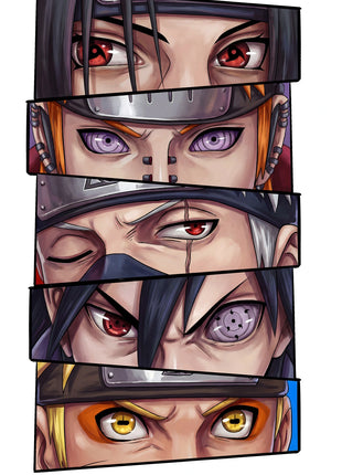 Five shaded Naruto eye strips with red patterned eyes, lavender ringed eyes and gold eyes, stacked in angled borders on white.