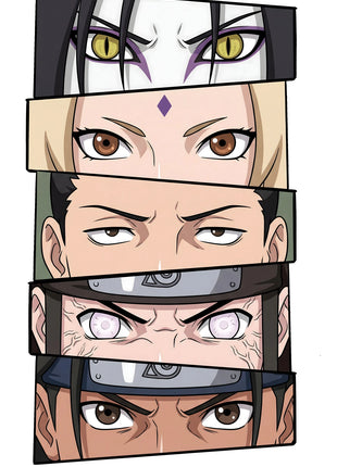 Five Naruto eye strips on white, showing yellow slit pupils, a purple forehead diamond, pale eyes and Leaf forehead protectors.