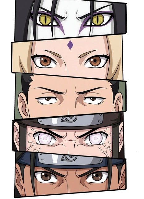 Five Naruto eye strips on white, showing yellow slit pupils, a purple forehead diamond, pale eyes and Leaf forehead protectors.