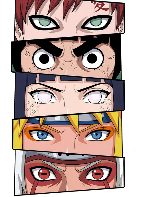 Five Naruto eye portraits in angled strips on white, with mint-green, pale, blue and red eyes, thick brows and colorful markings.