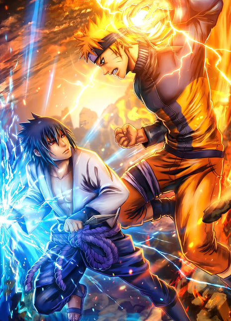 Naruto Uzumaki and Sasuke Uchiha facing off, with golden energy around Naruto and blue lightning around Sasuke in a diagonal composition.