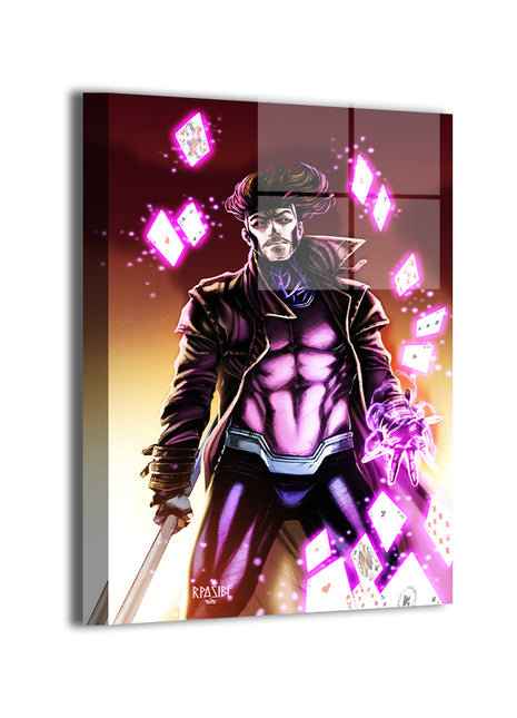 Marvel’s Gambit wielding glowing pink cards and staff, 12x18 metal print