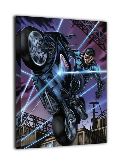 Dynamic Nightwing wall art shown at an angle highlighting the hero’s athletic pose, motorcycle action, and vibrant blue energy effects against a gritty city environment | Snapping Turtle Gallery