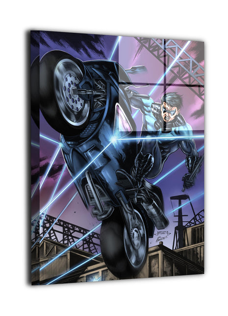 Nightwing wall art featuring the acrobatic DC hero launching forward on a motorcycle with glowing blue energy lines and an industrial city backdrop | Snapping Turtle Gallery