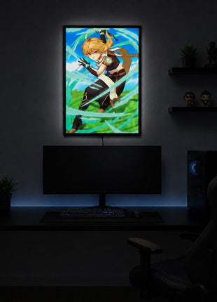 Aether Acrylic art in a separate black LED lightbox above a gaming monitor