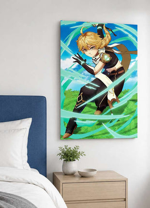 Aether Acrylic wall art beside a blue headboard in a white bedroom