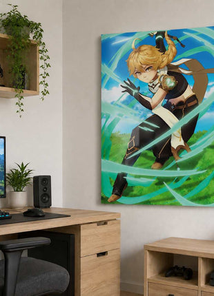Aether Acrylic wall art beside a wooden desk in a white game room