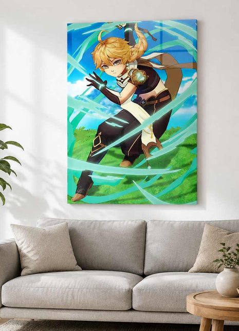 Aether Acrylic wall art above a gray sofa in a white living room