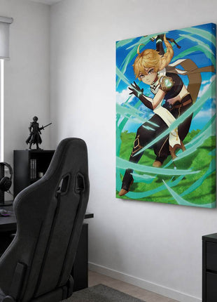 Aether Canvas wall art beside a black gaming desk on a white wall