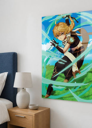 Aether Metal wall art beside a blue headboard in a white bedroom