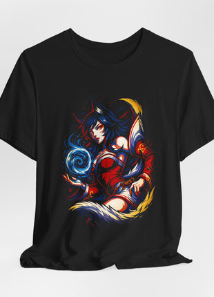 Draped front view of the black Ahri Spirit Orb Graphic T-Shirt.