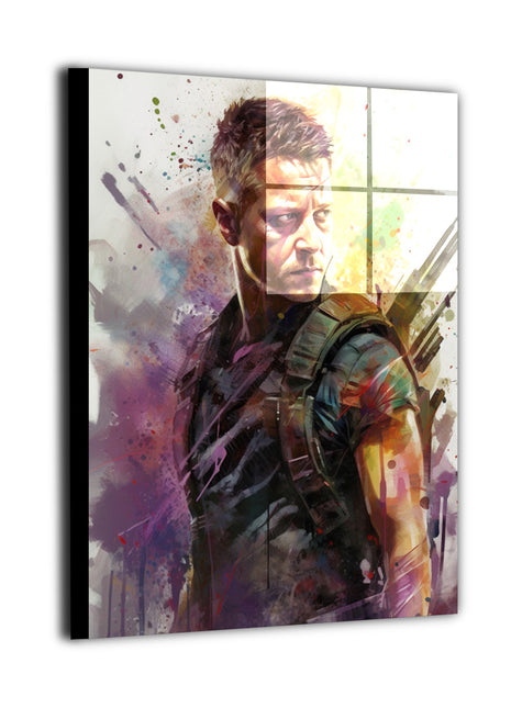 Metal wall art featuring a precision-themed archer portrait with bold contrast, textured paint effects, and a cinematic action-hero atmosphere.