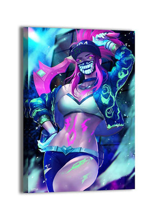Akali K/DA canvas wall art featuring the League of Legends assassin with neon kunai, artwork by Nopeys