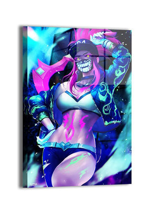 Akali K/DA metal wall art featuring the League of Legends assassin with neon kunai, artwork by Nopeys