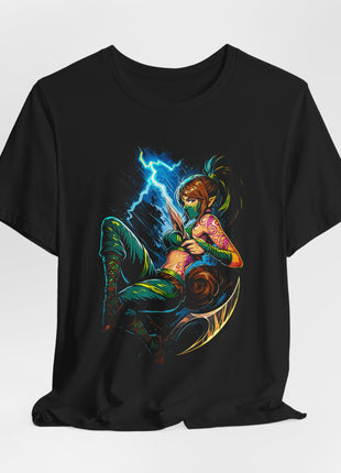 Draped front view of the black Akali Lightning Blade Graphic T-Shirt.